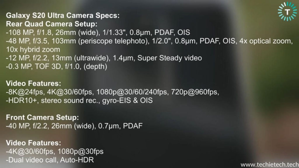Especificaciones detalladas de la cámara Samsung Galaxy S20 Ultra