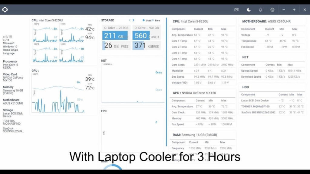 Temperaturas de la computadora portátil con enfriador de computadora portátil durante 3 horas