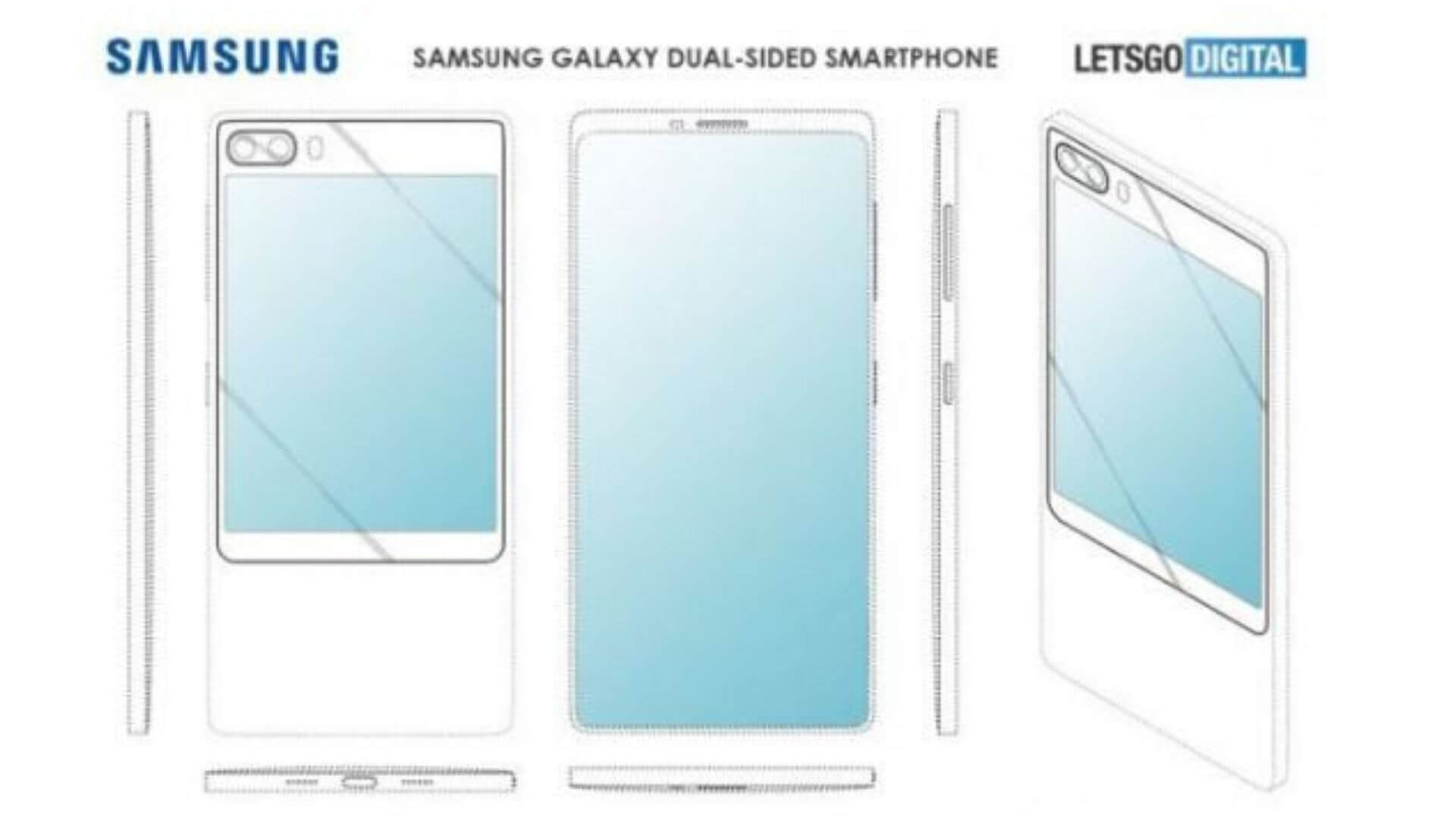 Diseño patentado por Samsung con pantalla en la parte posterior del teléfono.