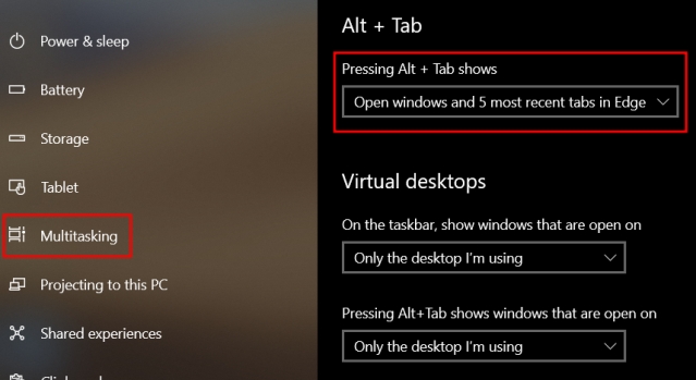 Eliminar las pestañas de Microsoft Edge de Alt + Tab Switcher