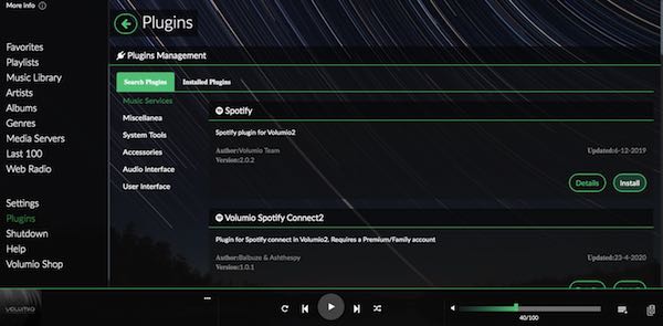 Volumio tiene un complemento de Spotify dedicado que puede usar para acceder a millones de canciones.