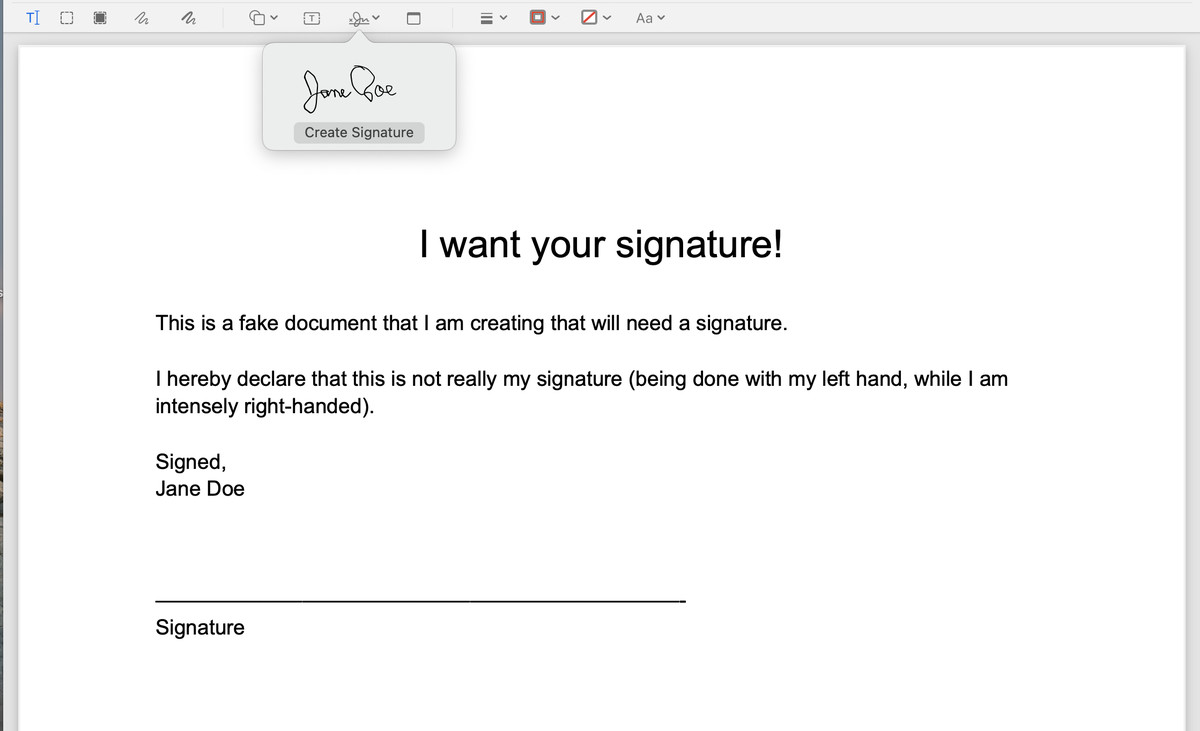 Su firma ahora aparecerá debajo del ícono de firma en la aplicación Vista previa.