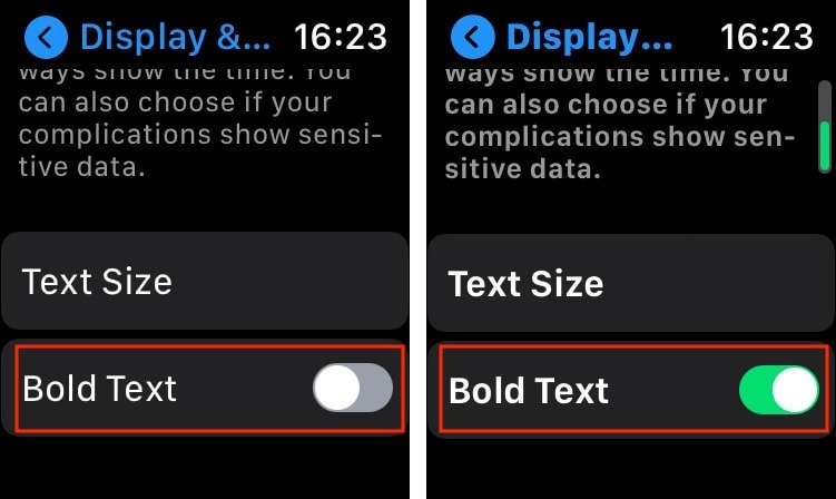 Tamaño del texto del Apple Watch Pone el texto en negrita