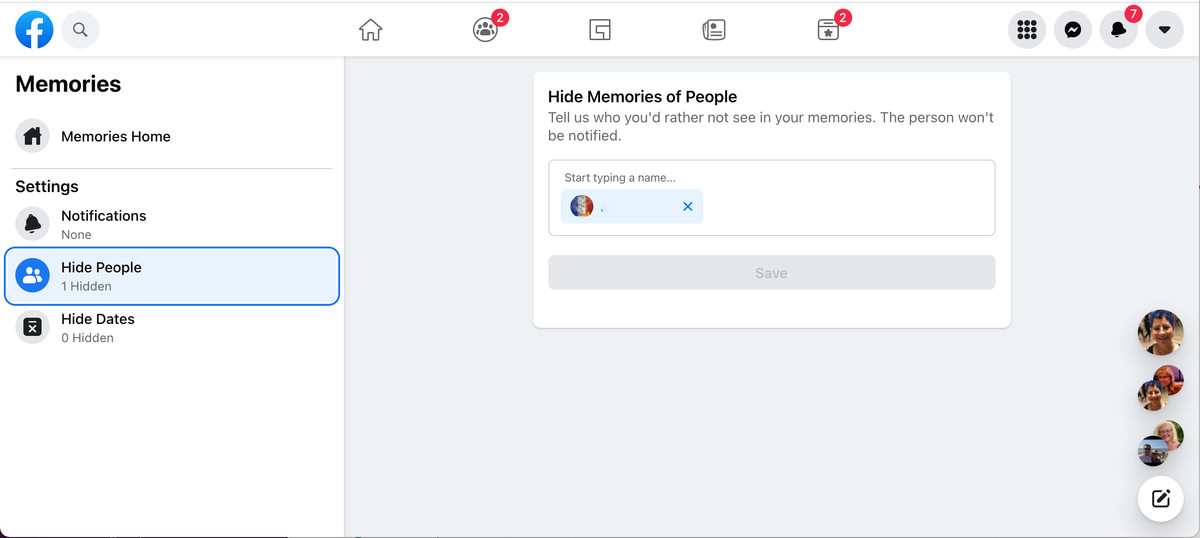 Con la aplicación web de Facebook, puede ocultar personas específicas de sus notificaciones de memoria.