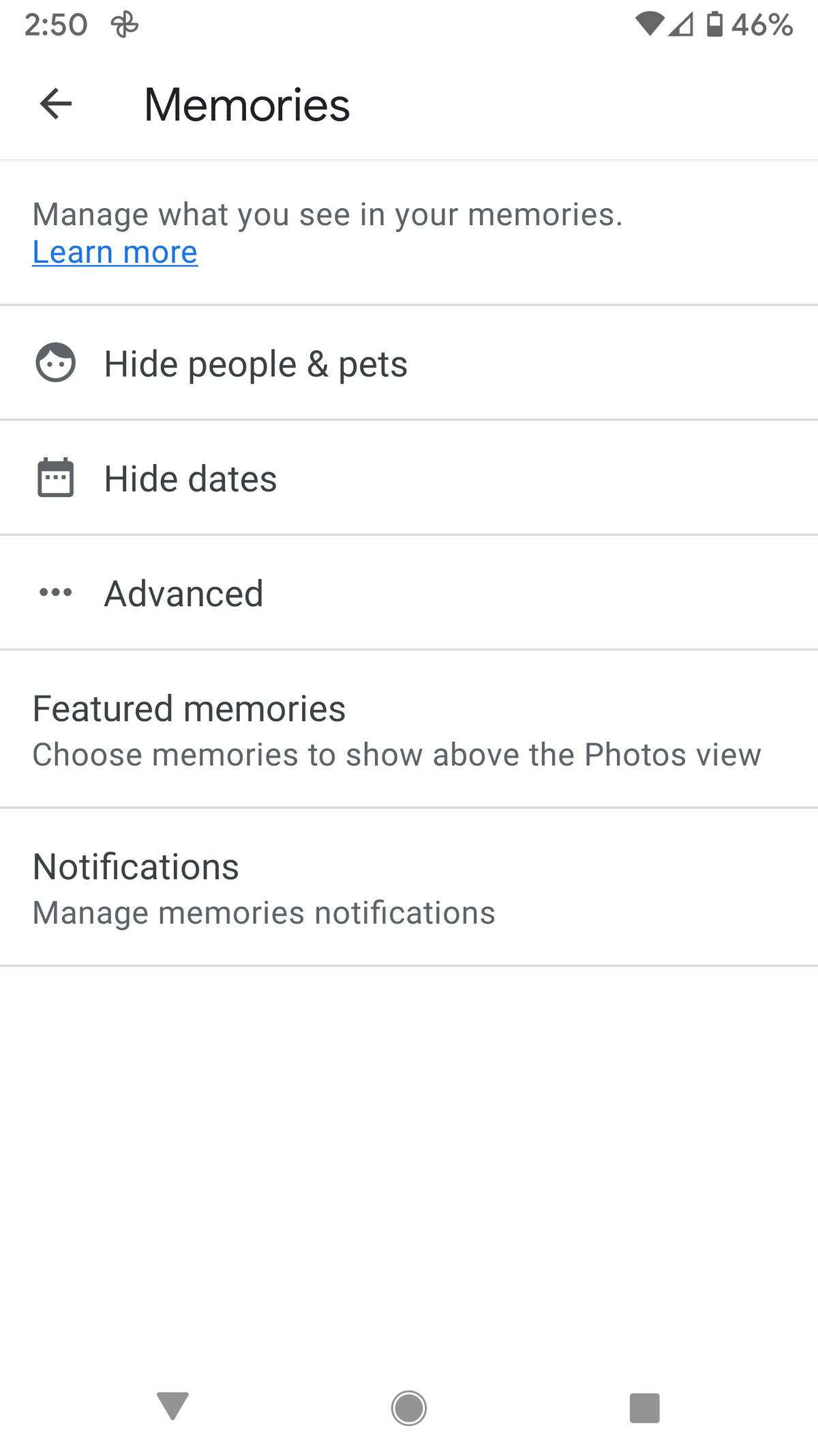 En la página de Google Memories, puede ocultar personas, mascotas o fechas.