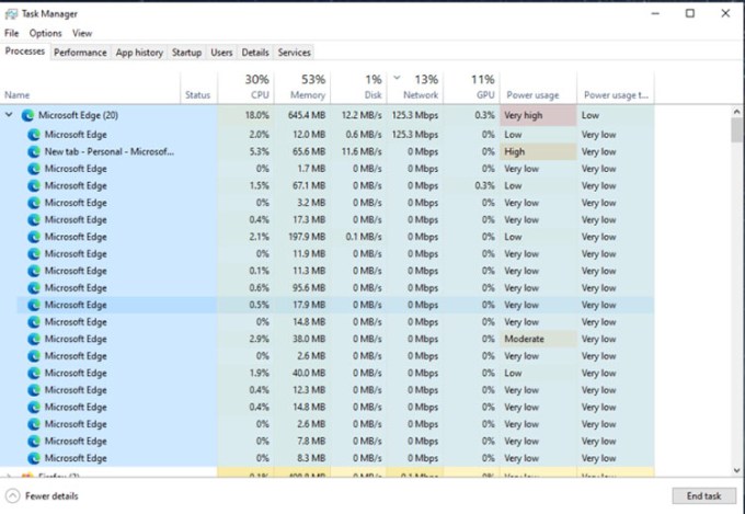 Navegador Edge en el Administrador de tareas de Windows 10
