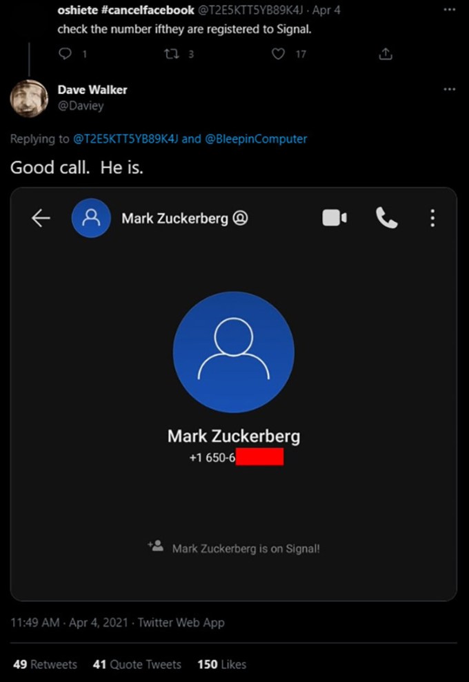 Señal de número de teléfono registrado de Mark Zuckerberg