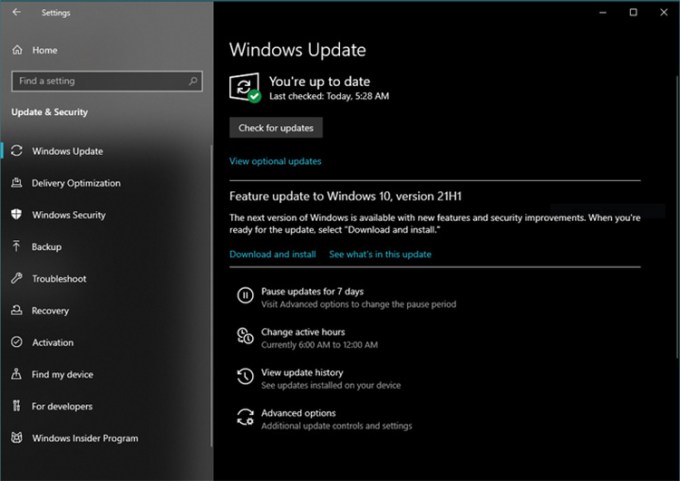 Pantalla de diálogo de actualización de Windows 10 21H1