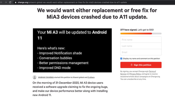 Petición Xiaomi Mi A3 Android 11 Accidente