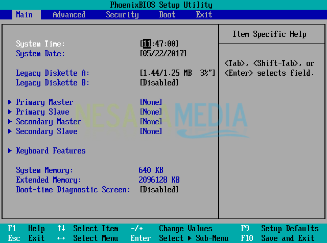 Vista inicial del BIOS de Windows 10