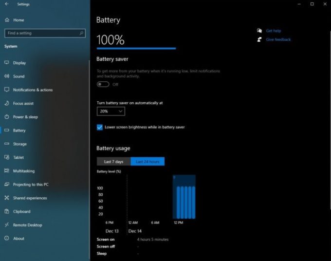 Características del monitor de batería en Windows 10