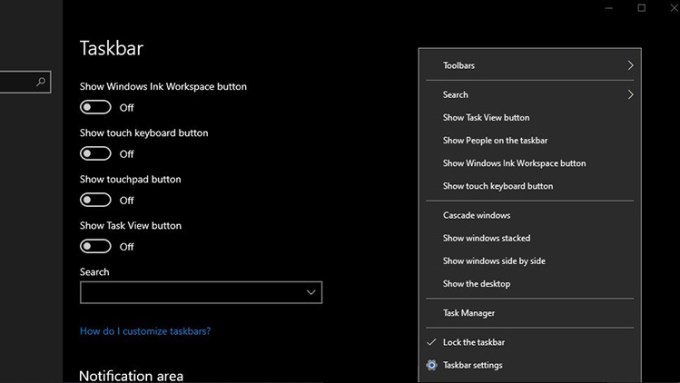 Vista de configuración de la barra de tareas de Windows 10