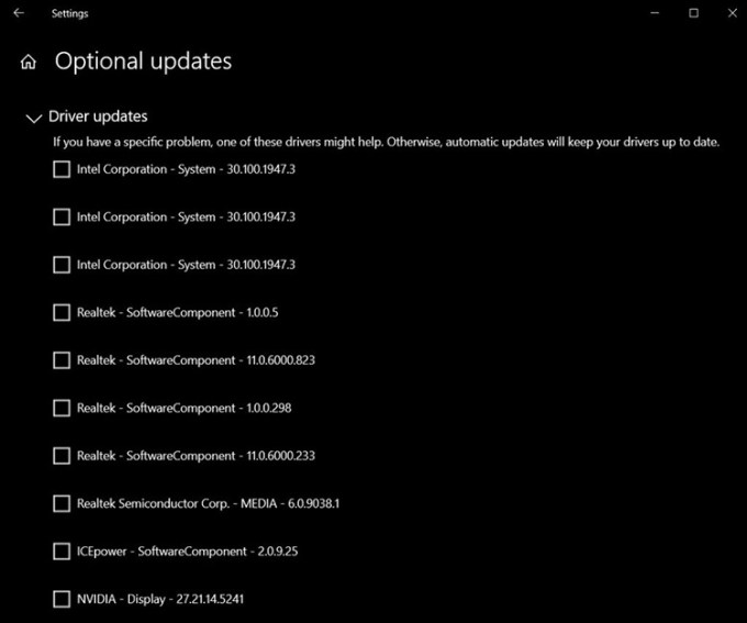 Nueva pantalla de actualización opcional del controlador en Windows 10