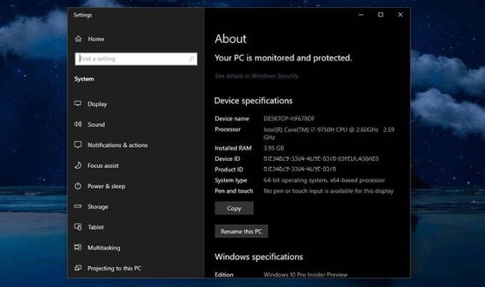 Acerca de la pantalla en Windows 10