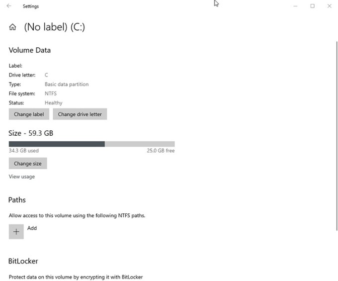 Vista de administración de discos de Windows 10