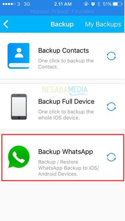 seleccione y presione copia de seguridad de whatsapp
