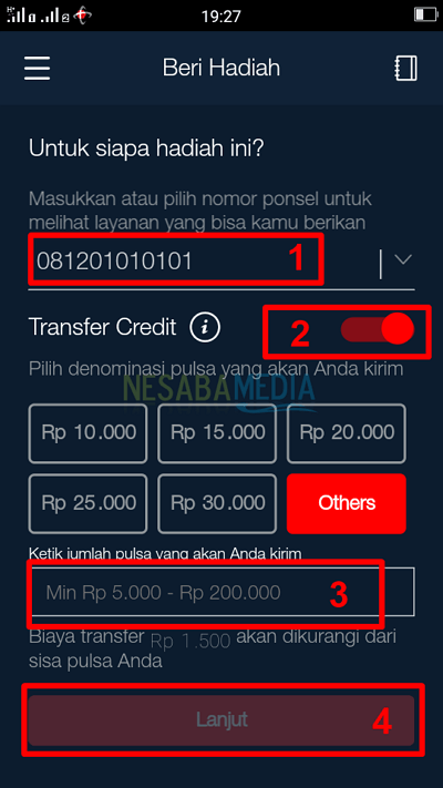 Paso 4 a través de la aplicación: tutorial sobre cómo transferir crédito Telkomsel / simPATI
