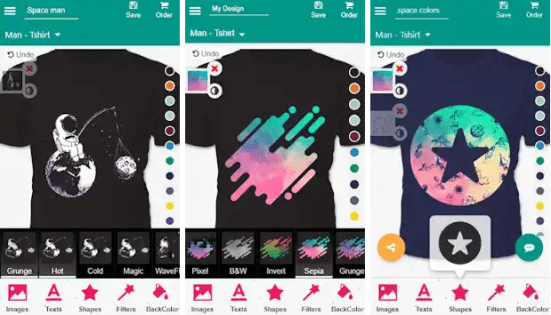 Aplicación de diseño de camisetas para teléfonos Android