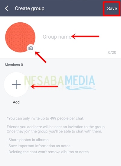 ingrese el nombre del grupo, cambie la foto del grupo y agregue un miembro del grupo