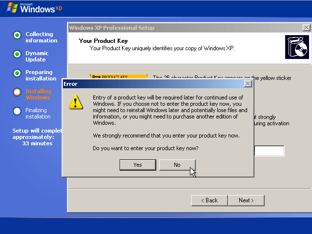 seleccione No para activar Windows XP