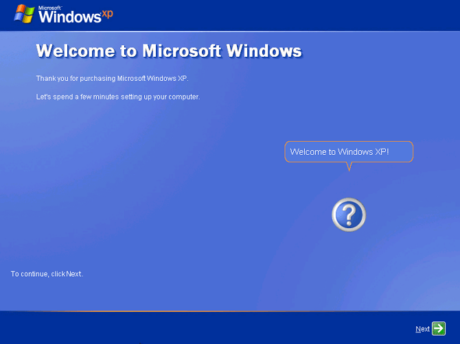 seleccione siguiente para la página de bienvenida de Windows XP