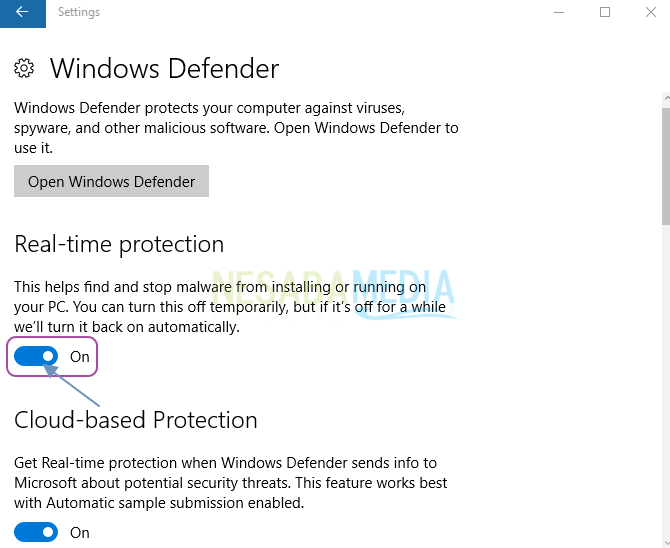Seleccione ON para activar Windows Defender
