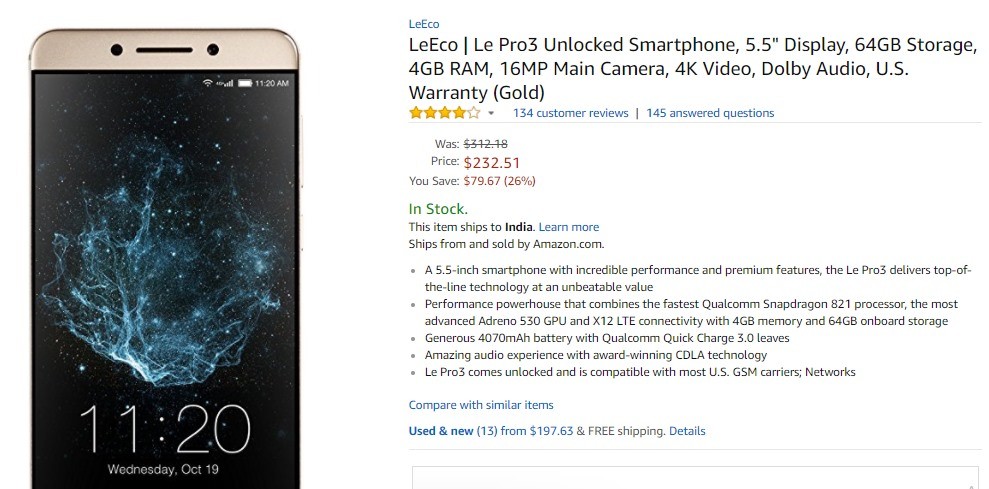 [Deal] LeEco Le Pro3 con chip Snapdragon 821 y 4 GB de RAM cuesta solo $ 233 en Amazon