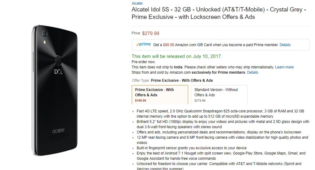 Alcatel Idol 5S lanzado en Amazon USA por $199.99/279.99 (con/sin anuncios)