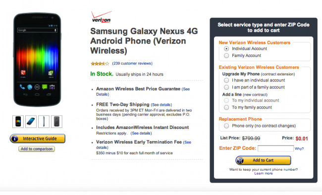 El precio del Verizon Galaxy Nexus bajó a 1 centavo en Amazon