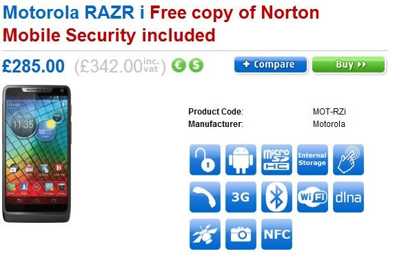Se confirma el precio y la fecha de lanzamiento del Motorola RAZR i.  Ya disponible para pedido por adelantado