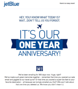 Correo electrónico de aniversario de JetBlue