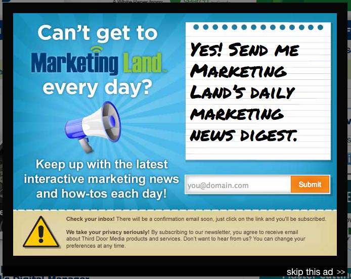 Ventana emergente del sitio web de entrada de Marketing Land