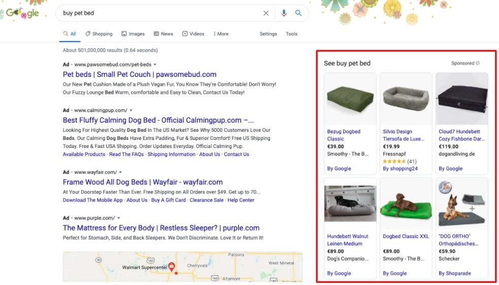 Captura de pantalla de anuncios de listado de productos en Google