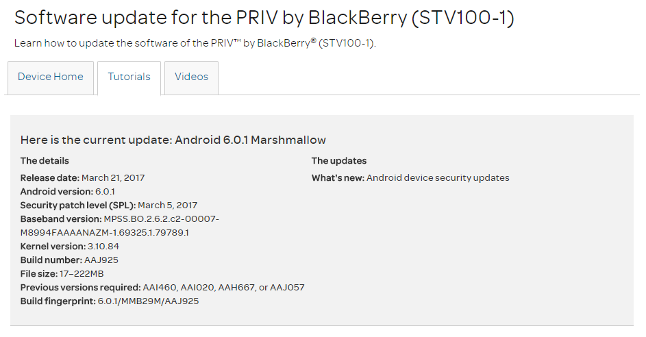 AT&T BlackBerry PRIV obtiene la actualización del parche de seguridad de marzo con la compilación AAJ925