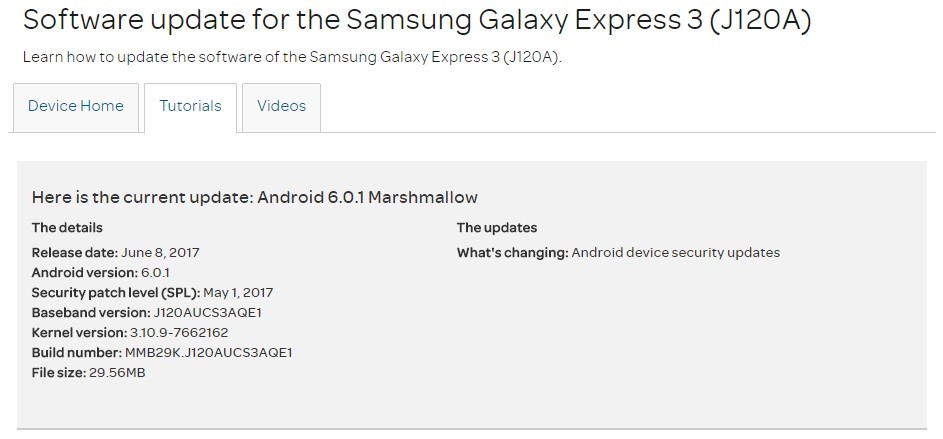 AT&T Galaxy Express 3 recibe el parche de seguridad de mayo como una actualización OTA compilada J120AUCS3AQE1