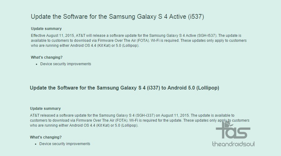 AT&T Galaxy S4 y S4 Active reciben actualizaciones para corregir el error Stagefright, compilación no.  I337UCUGOC4 y I537UCUCOC7 respectivamente