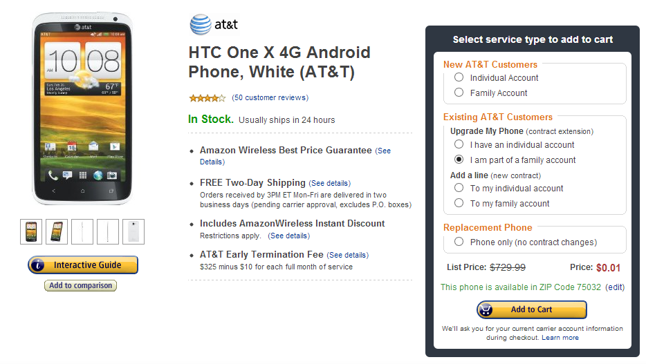 AT&T HTC One X obtiene una caída de precio en Amazon, 1 centavo en contrato