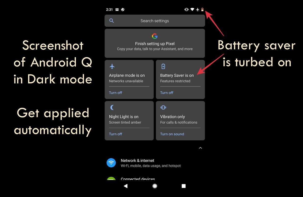 Android Q battery saver dark mode