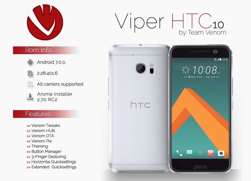 Actualización HTC 10 Android 7.0 Nougat con compilación 2.28.401.6 disponible como ROM personalizada Viper10 4.0