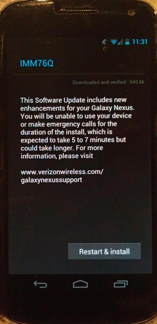 Actualización IMM76Q OTA para Galaxy Nexus en Verizon ¿Envío fuera?