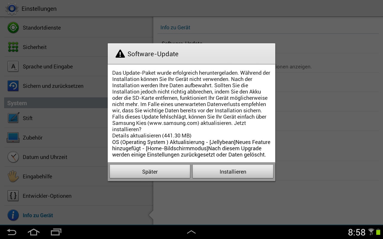 Actualización de Android 4.1.1 Jelly Bean para Samsung Galaxy Tab 10.1 edición Wi-Fi, modelo GT-N8010