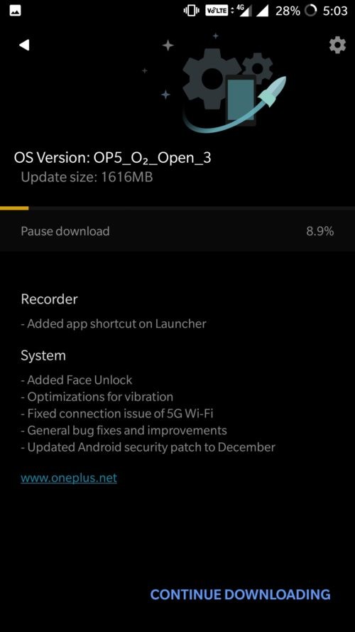 OnePlus 5 face unlock update release