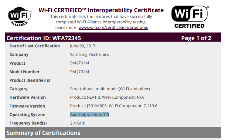 Actualización de Samsung Galaxy J7 (2015) Nougat certificada en Wi-Fi Alliance