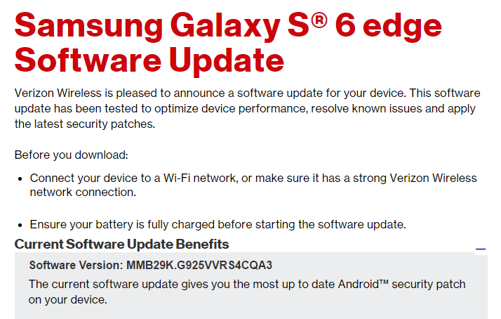 Actualización de Verizon Galaxy S6 Edge con parche de seguridad de enero, compilación G925VVRS4CQA3