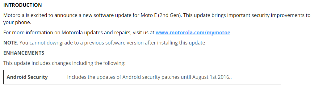 Actualizaciones de Moto E2 lanzadas con el parche de seguridad de agosto