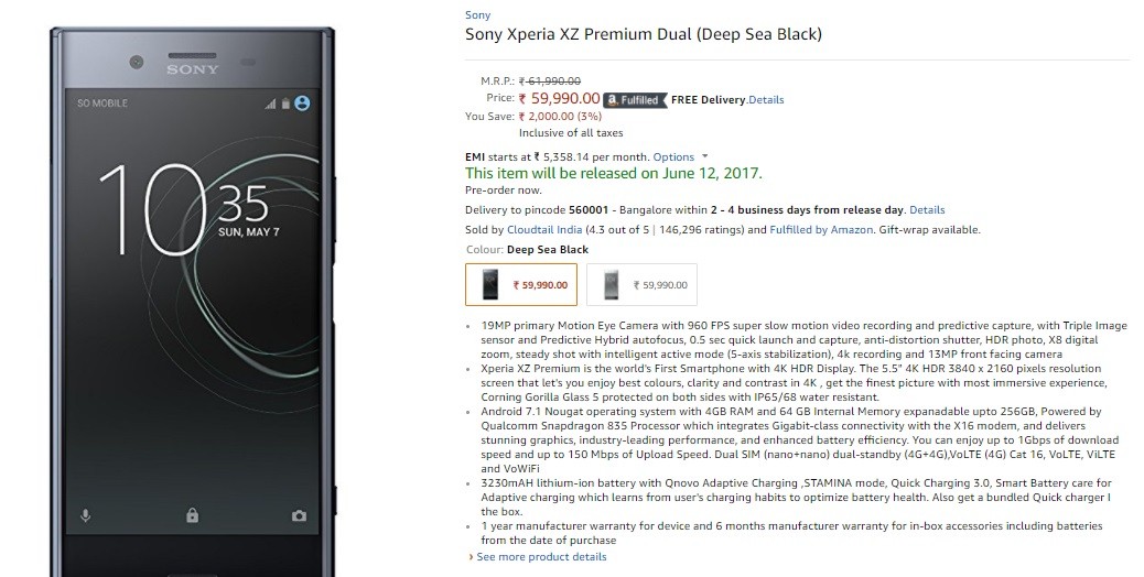 Ahora puede reservar Sony Xperia XZ Premium en Amazon India