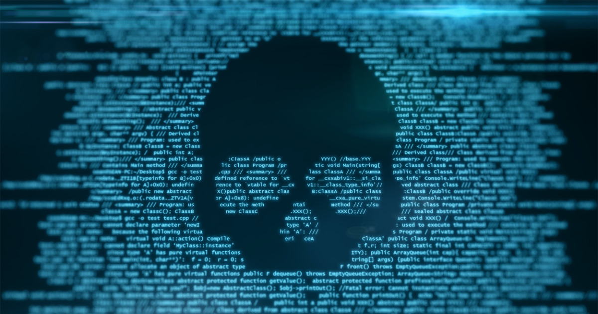 Image of skull and programming code to indicate malware