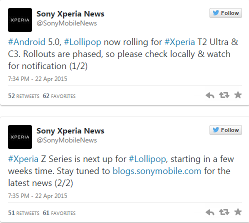 Android Lollipop (19.3.A.0.470) comienza a propagarse para Xperia C3 y Xperia T2 Ultra