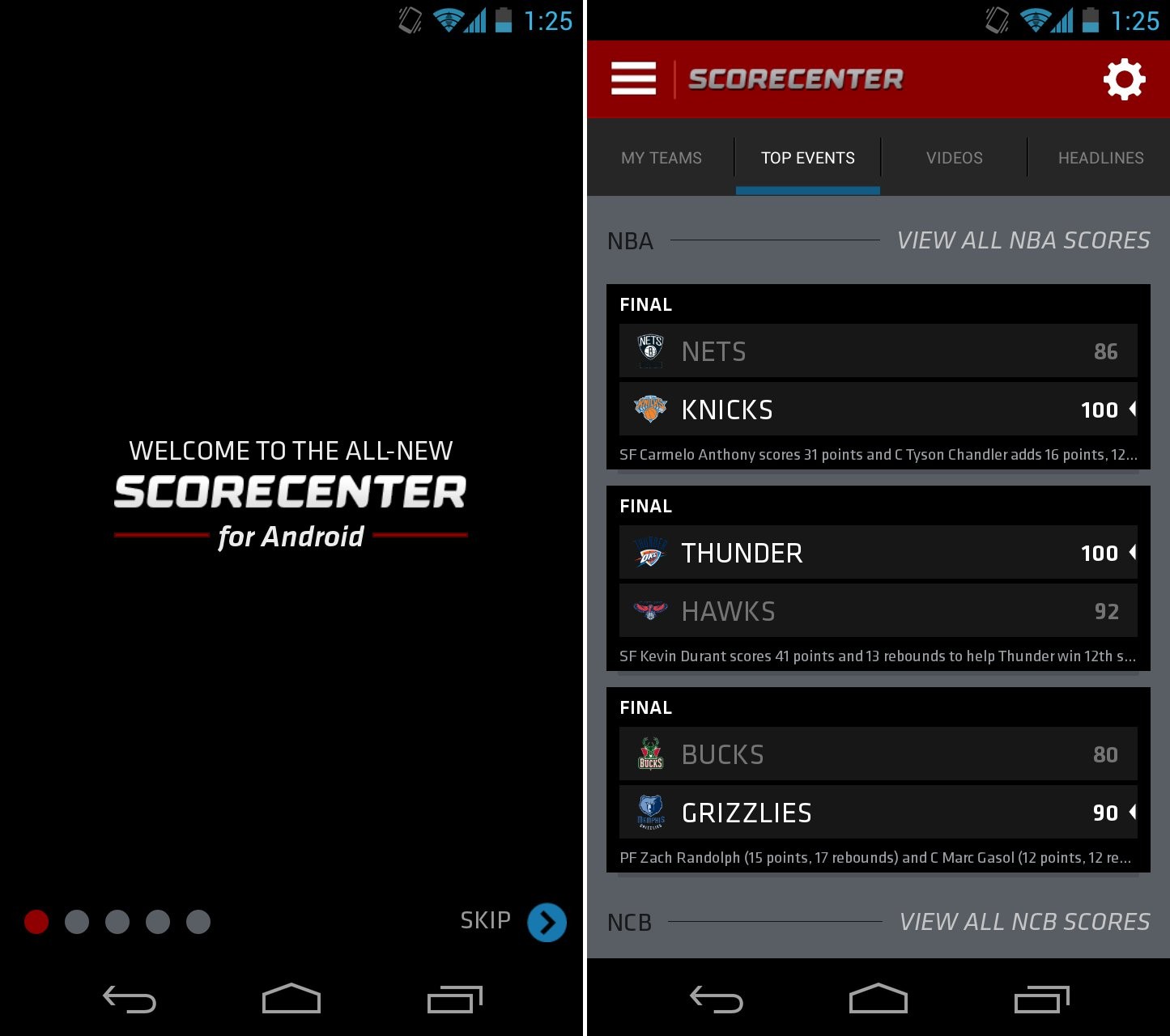 Aplicación ESPN Scorecenter actualizada con nueva interfaz de usuario