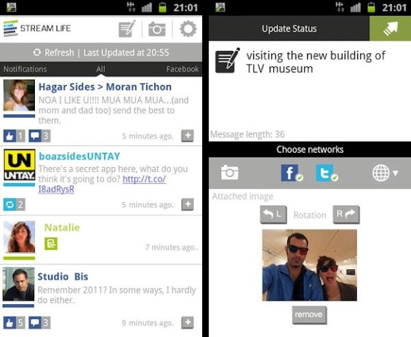 Aplicación de Android StreamLife: manténgase actualizado en Facebook y Twitter en una transmisión
